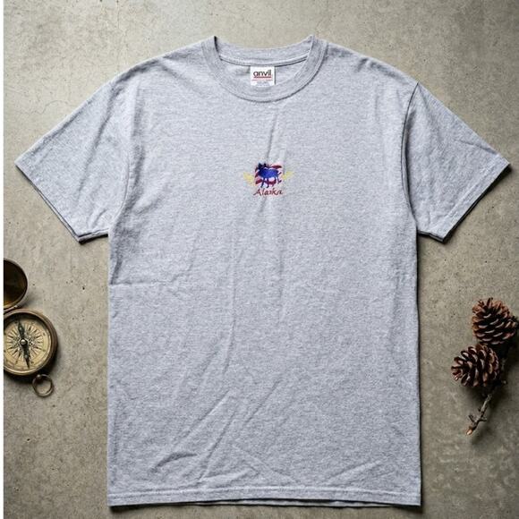 Anvil Other - Vintage Y2K Alaska Moose Embroidered Center Logo T-Shirt Gray Anvil Mens XL